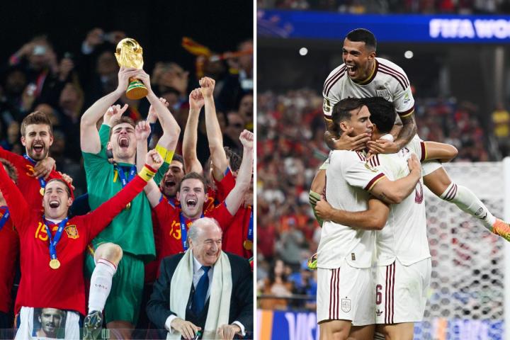 España celebrando su primera estrella en 2010 y festejando el gol de Merino contra Portugal en 2026.