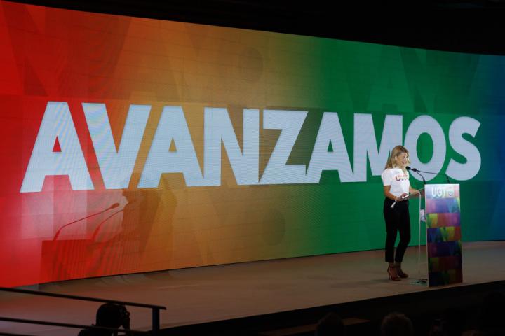 Yolanda Díaz, ministra de Trabajo, vicepresidenta segunda del Gobierno y líder de Sumar, durante un acto de UGT el 30 de junio.