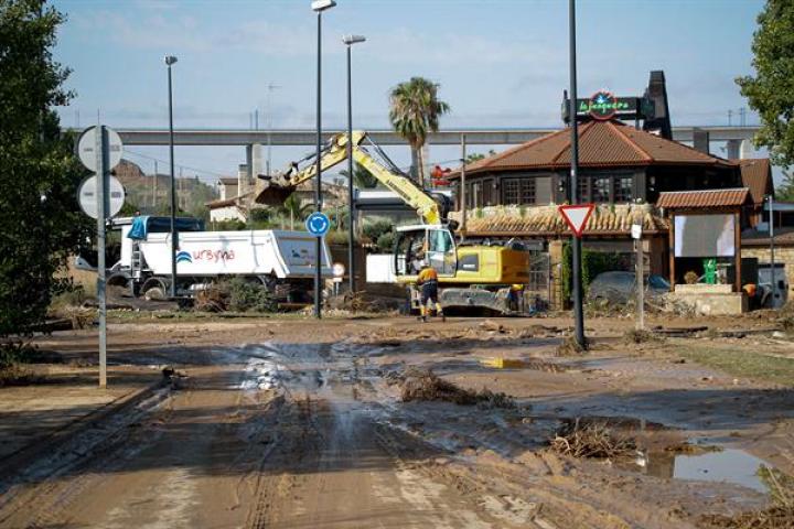 Empleados municipales trabajan en la limpieza este viernes tras la fuerte tormenta caída la tarde de ayer en Zaragoza.