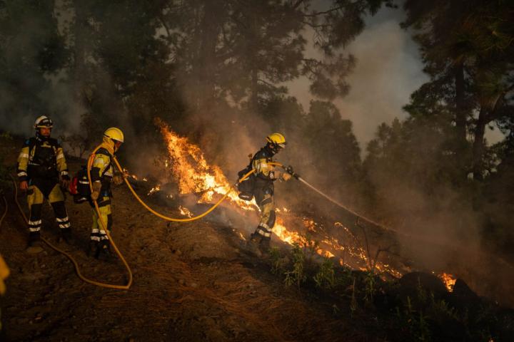 Efectivos que luchan contra el incendio de La Palma en la zona de Tijarafe.