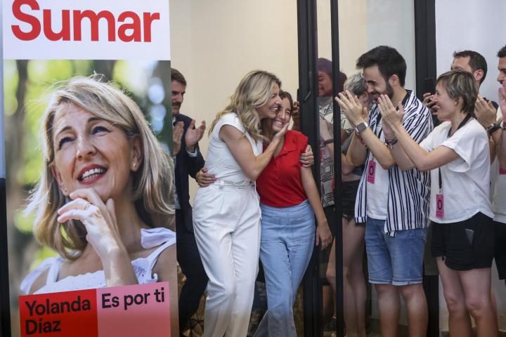 La candidata a la presidencial del Gobierno, Yolanda Díaz, a su llegada a la sede de Sumar en Madrid tras conocerse los resultados de las elecciones celebradas hoy Domingo.
