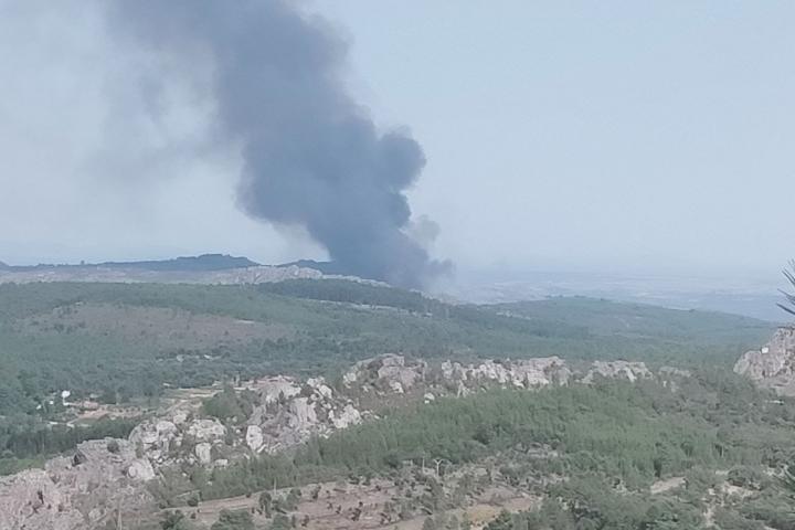 Columna de humo surgida del incendio que afecta a una zona singular de Valencia de Alcántara, Cáceres.