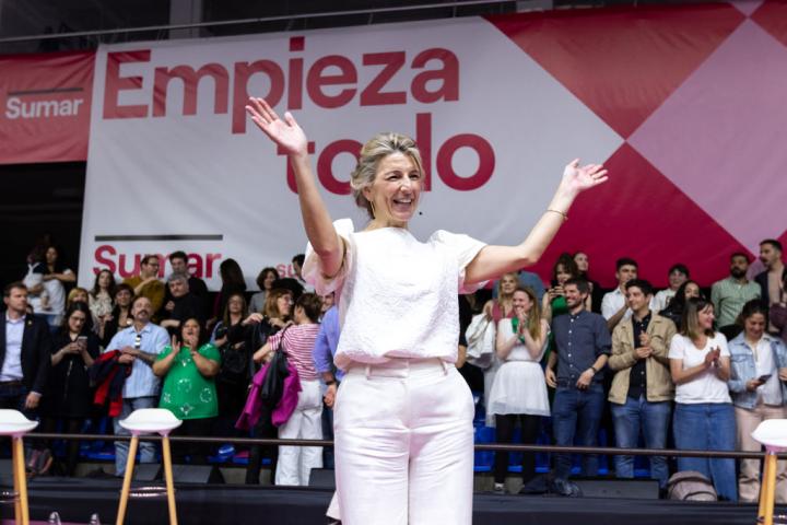 La líder de Sumar, Yolanda Díaz, durante el acto de Magariños el pasado 2 de abril, cuando presentó su candidatura.