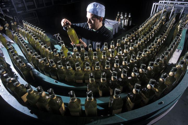 Un operario trabaja en una línea de embotellamiento de aceite de oliva.