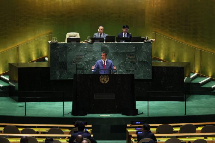 El presidente del Gobierno en funciones, Pedro Sánchez, en su discurso en la Asamblea 
 General de la ONU.