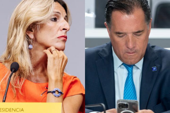 La vicepresidenta segunda del Gobierno y ministra de Trabajo en funciones, Yolanda Díaz, y su homólogo de cartera griego, Adonis Georgiadis; en sendas imágenes de archivo.