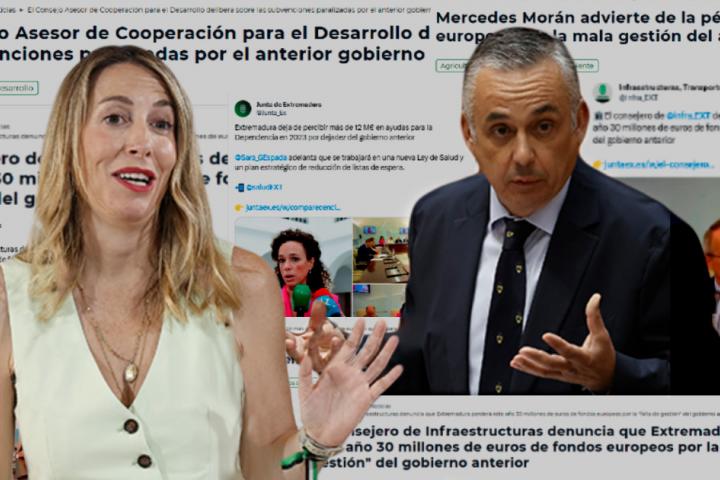 Fotomontaje con titulares y contenidos publicados en las cuentas oficiales de la Junta de Extremadura con mensajes de tipo político.