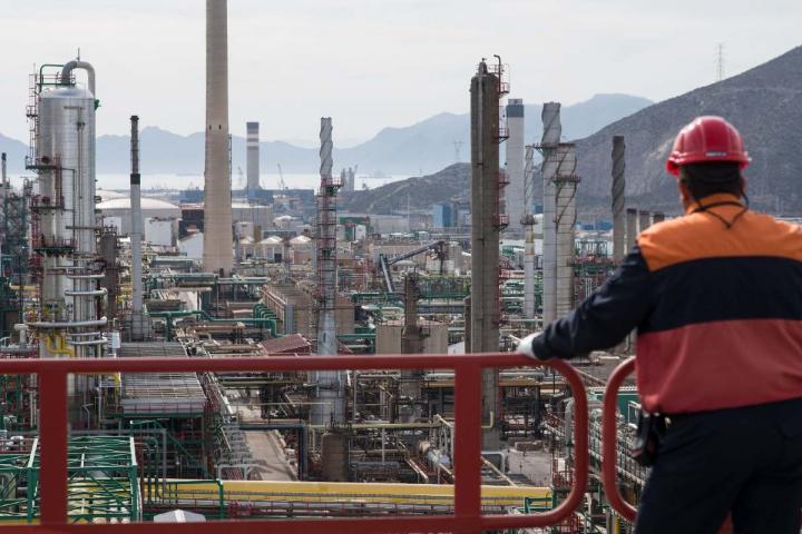 Un operario de Repsol, apoyado en una barandilla, en una planta de biometano de la compañía.