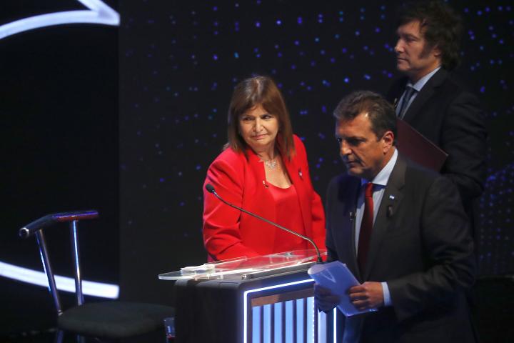 Los tres candidatos a las elecciones generales de Argentina, Javier Milei, Patricia Bullrich y Sergio Massa.