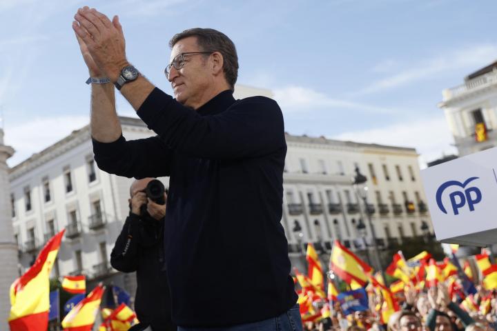 El líder del PP, Alberto Núñez-Feijóo, durante la manifestación convocada por el PP contra la amnistía.
