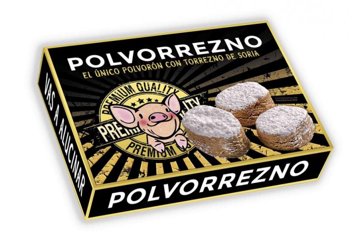 Una caja de 'polvorreznos', polvorones artesanos con sabor a torrezno de la firma soriana El Beato.