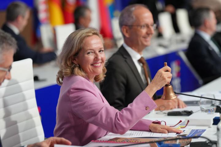 Nadia Calviño, en una sesión de trabajo de la UE durante la Presidencia española