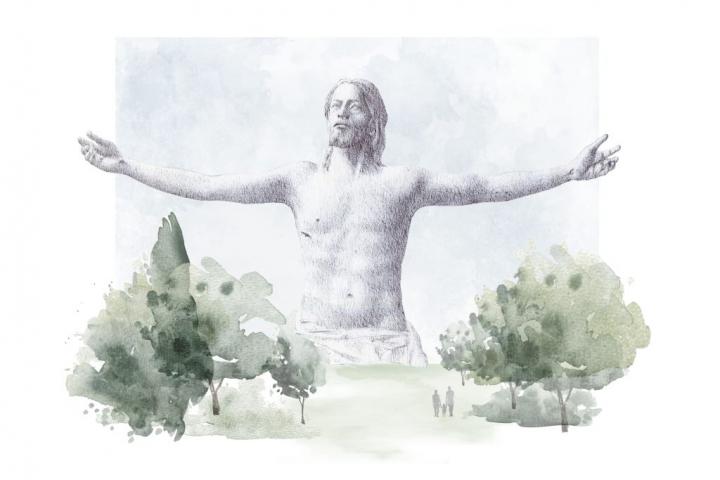 Boceto de Javier Viver con la escultura gigante del Jesús de Sagrado Corazón.