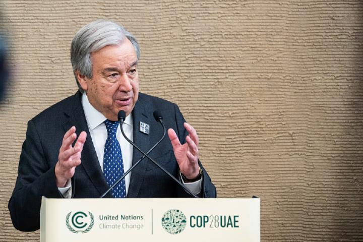 Antonio Guterres, secretario general de la ONU, durante su intervención en la COP 2023 en Dubái.