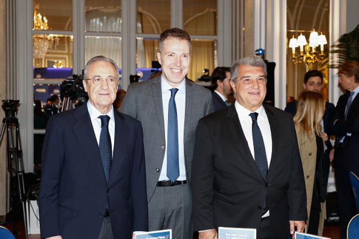 Joan Laporta, Bernd Reichart y Florentino Perez.