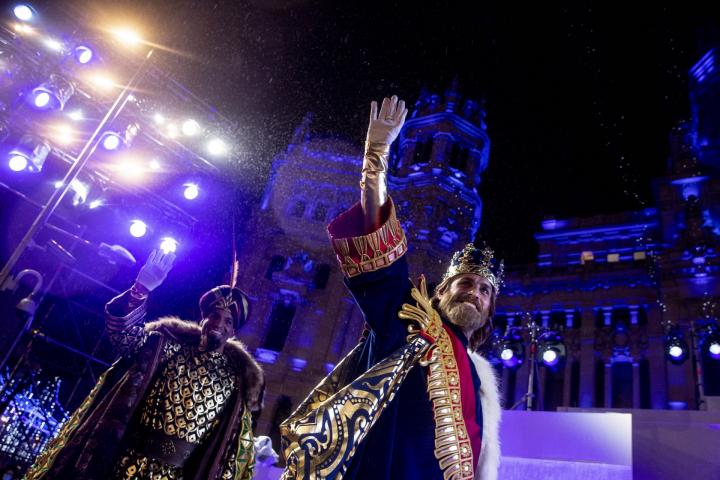 Melchor y Baltasar en la cabalgata de Madrid de 2023.