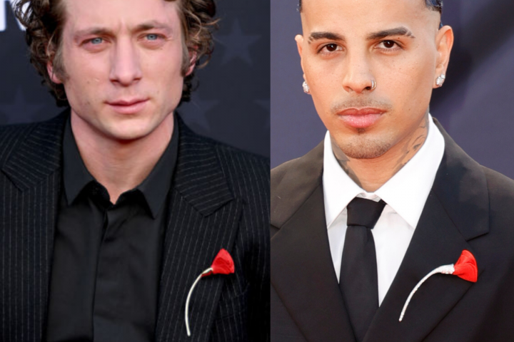 A la izquierda, el broche de Jeremy Allen; a la derecha, en del Rauw Alejandro.