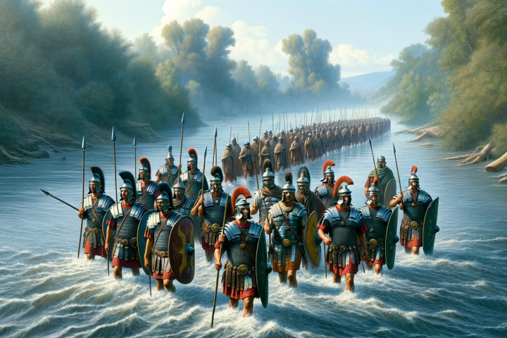 Recreación de tropas romanas sobre un río