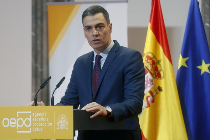 El presidente del Gobierno, Pedro Sánchez durante la presentación de la Estrategia sobre menores, salud digital y privacidad de la Agencia Española de Protección de Datos.