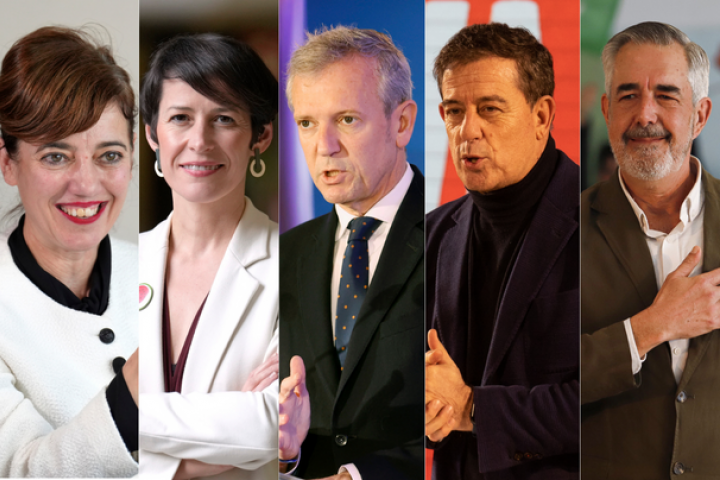 Los candidatos de las principales formaciones que concurren a las elecciones gallegas del 18-F. De izquierda a derecha: Marta Lois (Sumar Galicia), Ana Pontón (BNG), Alfonso Rueda (PPdeG), Xosé RamónGómez Besteiro (PSdeG) y Álvaro Díaz-Mella (Vox). Faltan en la imagen Isabel Faraldo (Podemos Galicia) y Armando Ojea (Democracia Ourensana).