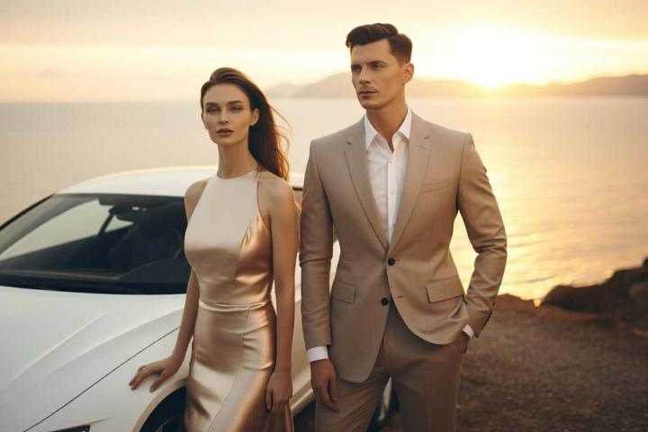 Pareja adinerada ante una puesta de sol