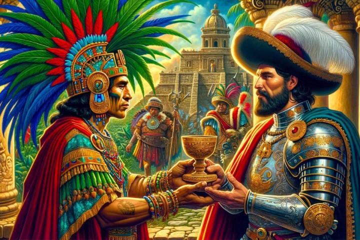 Representación artística de Moctezuma ofreciendo el brebaje misterioso a Hernán Cortes
