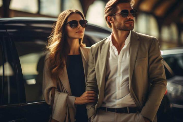 Pareja rica con su coche