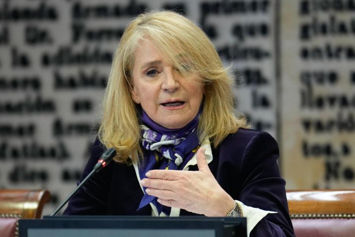 La presidenta interina del Consejo de Administración de la Corporación RTVE, Elena Sánchez Caballero, comparece en la Comisión Mixta del Senado, este jueves.