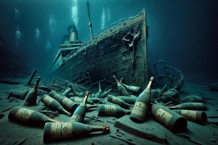 Recreación del hundimiento de un barco similar al Titanic con unas botellas de champán.