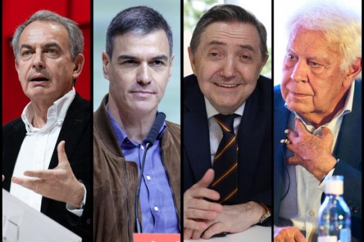 El expresidente José Luis Rodríguez Zapatero, el presidente del Gobierno, Pedro Sánchez, así como el periodista Jiménez Losantos y el expresidente Felipe González; en sendas imágenes de archivo.