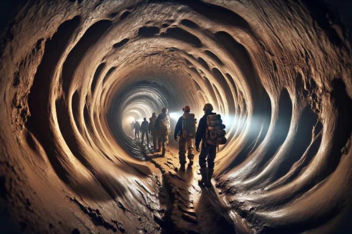 Espeólogos investigando un túnel bajo Tierra