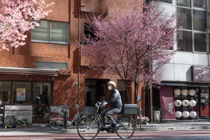 Imagen de archivo de un hombre en bicicleta en Japón el 13 de marzo de 2024.