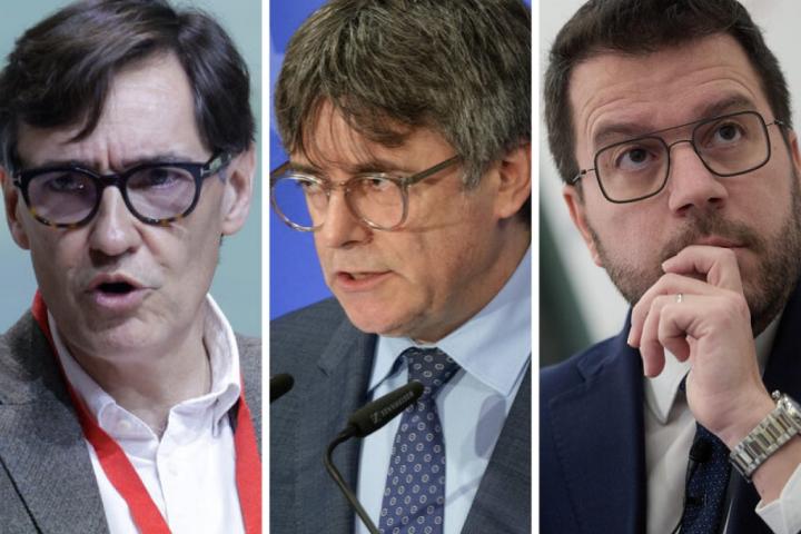 El primer secretario del PSC, Salvador Illa (PSOE), el expresident Carles Puigdemont (Junts) y el president Pere Aragonès (ERC); en sendas imágenes de archivo.