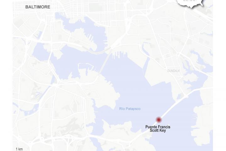 alt="alt="Infografía que muestra el punto en el que un carguero chocó con un puente en Baltimore, EEUU.""