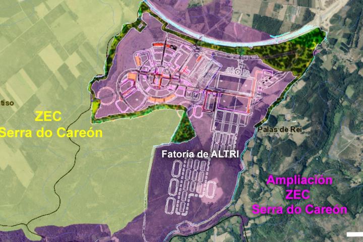 Mapa con la superficie que ocupará la planta de Altri en Palas de Rei (Lugo) y su proximidad a la Zona de Especial Conservación (ZEC) de Serra do Carón.