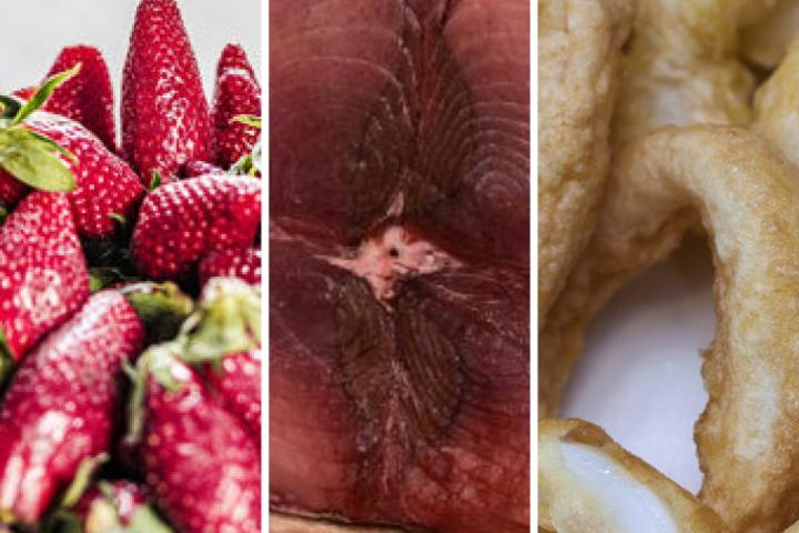 Imágenes de archivo de varios productos como fresas, atún rojo o anillas de calamar rebozadas.