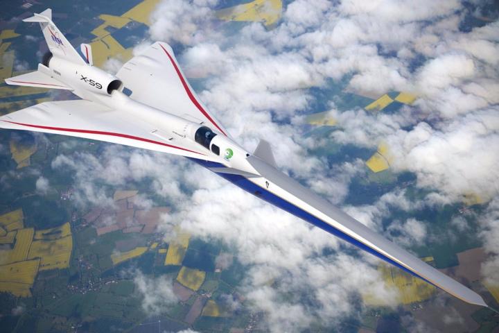 Ilustración artística del X-59 en vuelo sobre tierra.