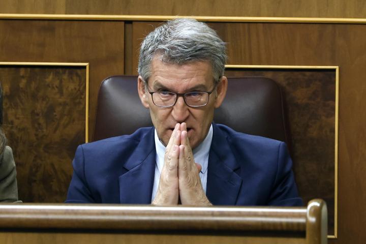 El líder del PP, Alberto Núñez Feijóo, durante el pleno del Congreso este miércoles.