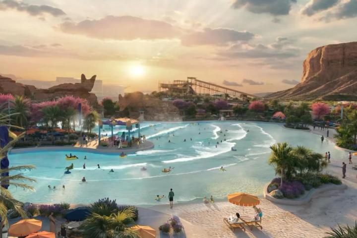 Ilustración de cómo será la zona de la piscina con olas de surf del parque.