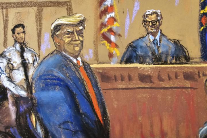 Ilustración de Donald Trump y el juez Merchán durante el juicio por el caso Stormy Daniels.