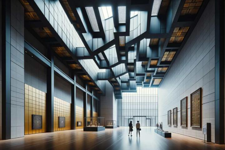 Representación libre de un museo moderno y vanguardista