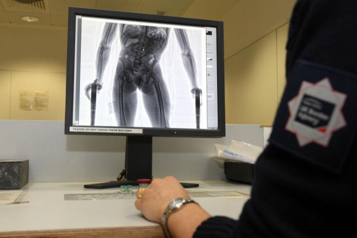 Un agente de fronteras de Reino Unido analiza la radiografía tomada a un sospechoso de haber ingerido drogas.