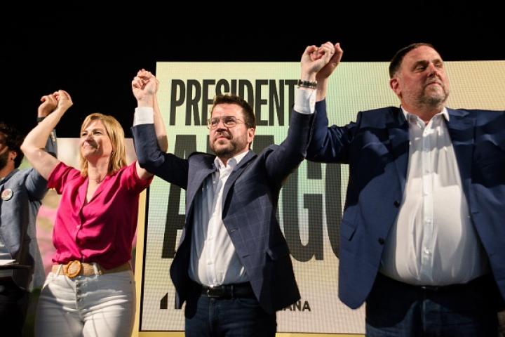 La portavoz de ERC, Raquel Sans, junto a Pere Aragonès y Oriol Junqueras; en una imagen de archivo.