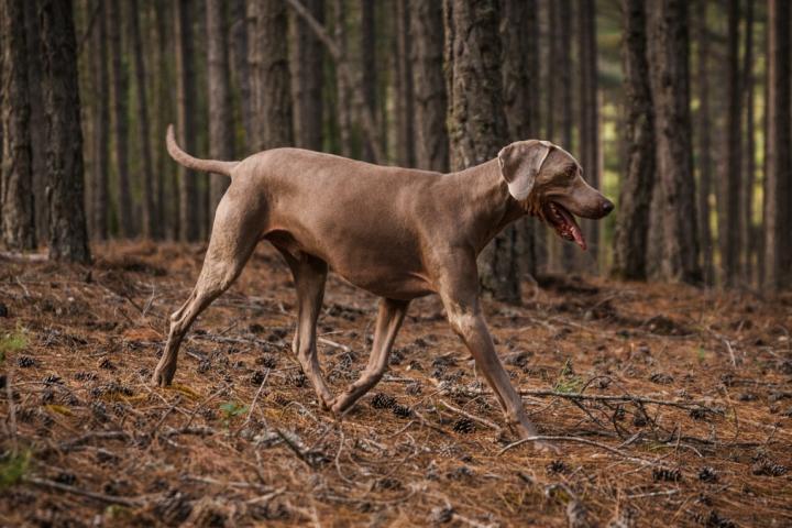 Perro paseando por un pinar