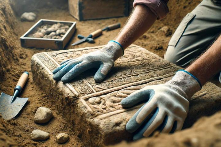 Arqueólogo desenterrando una tablilla