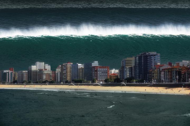 Ilustración de un grupo de edificios a punto de ser devorados por ola gigantesca de un tsunami.