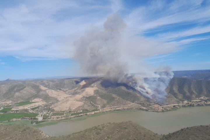 Vista del incendio de Mequinenza, que ha obligado a desalojar temporalmente un cámping cercano.