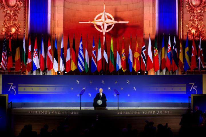 El presidente de Estados Unidos, Joe Biden, en su intervención en la ceremonia de inicio de la cumbre de la OTAN en Nueva York.