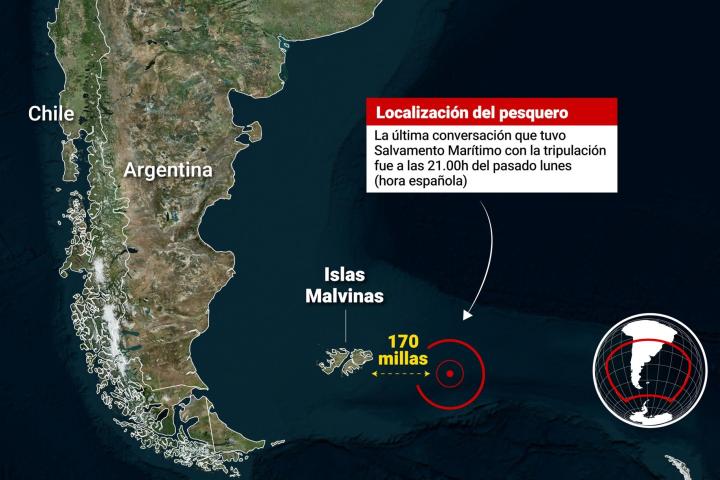Localización del naufragado pesquero 'Argos Georgia' cerca de las islas Malvinas