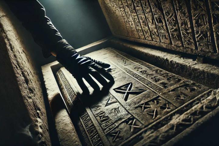 Un arqueologo a punto de abrir una cripta antigua